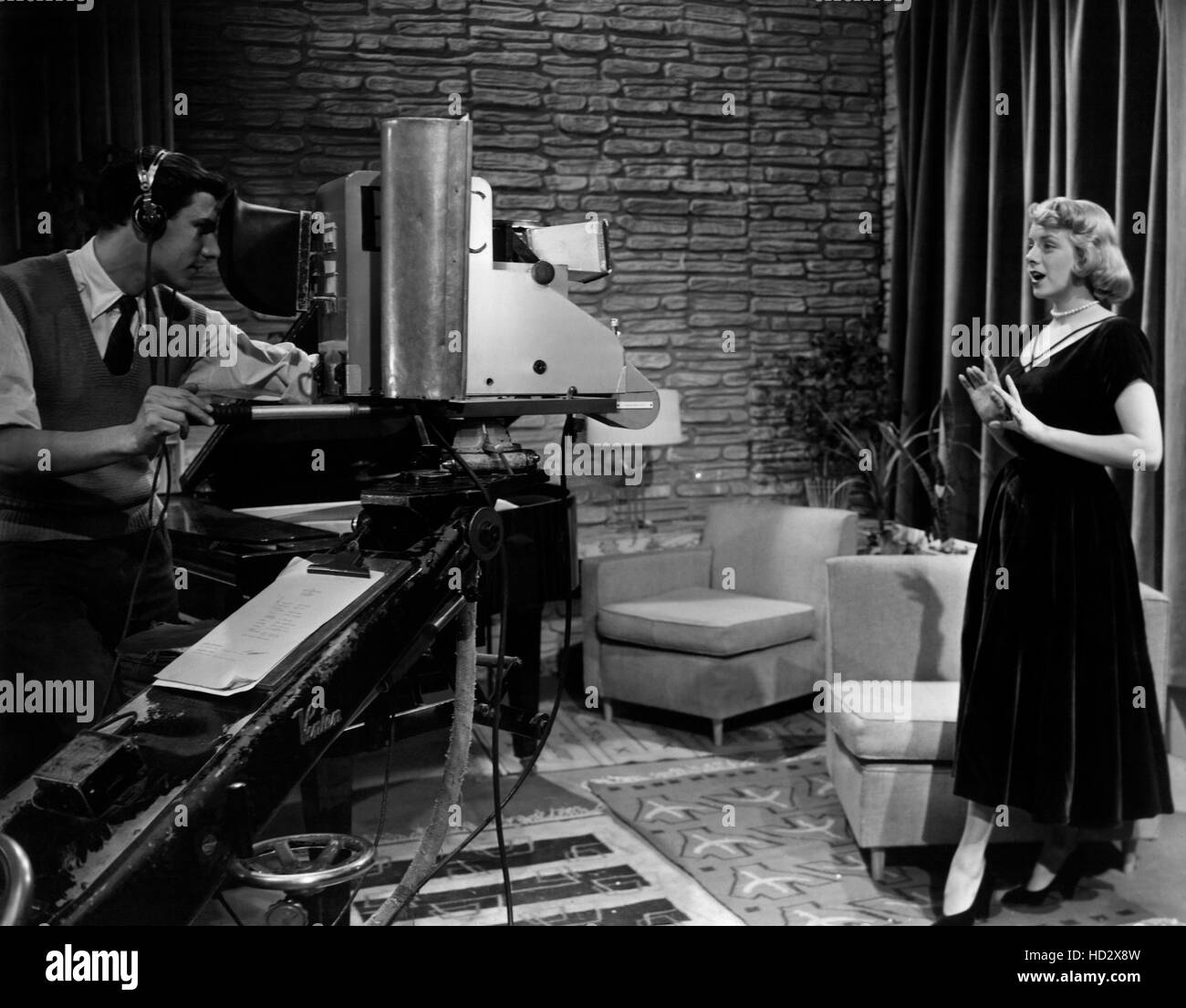 Rosemary Clooney on set taping segment for television show, ca. 1950s