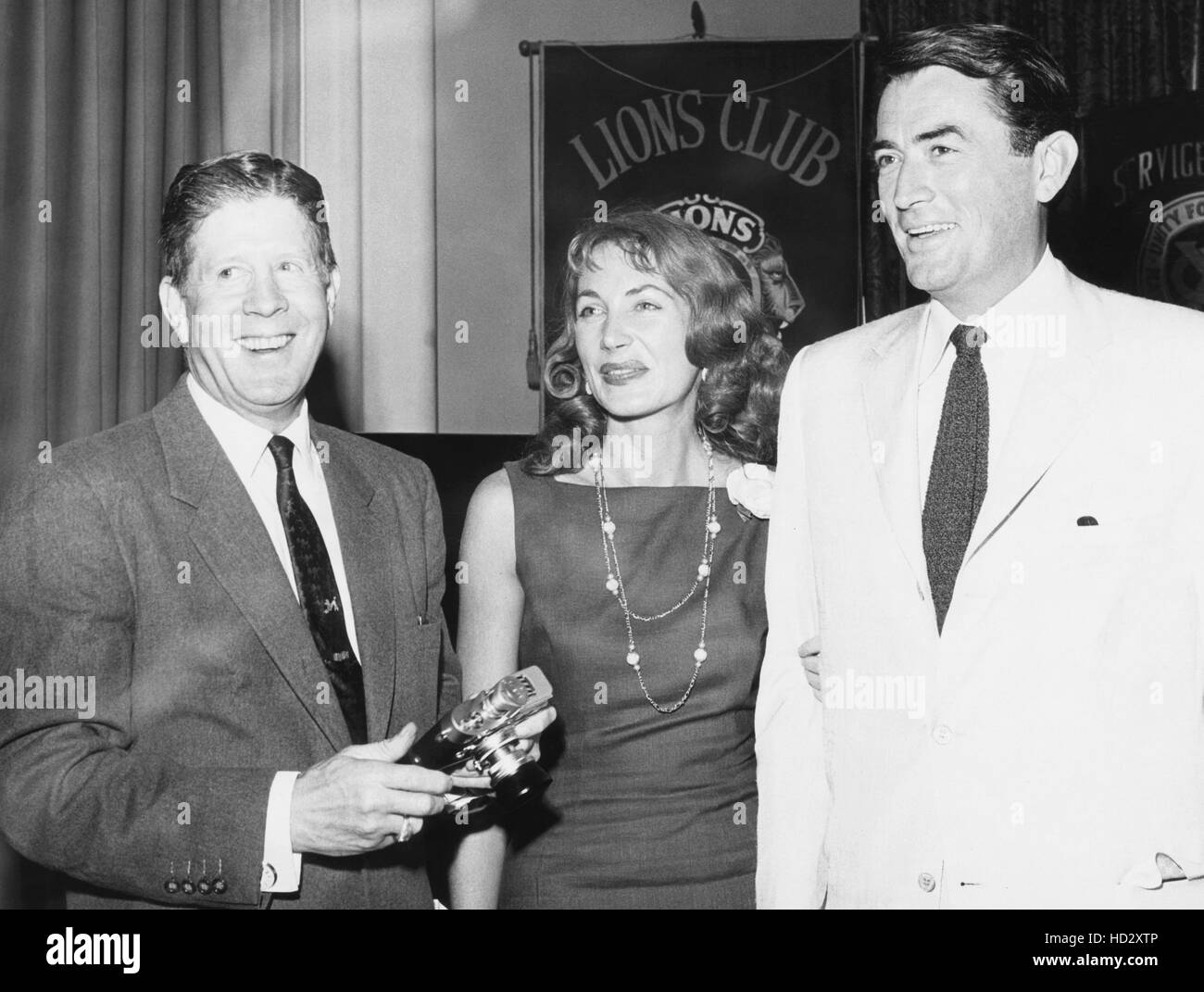 From left Rudy Vallee, Eleanor Vallee, Gregory Peck in New Bedford
