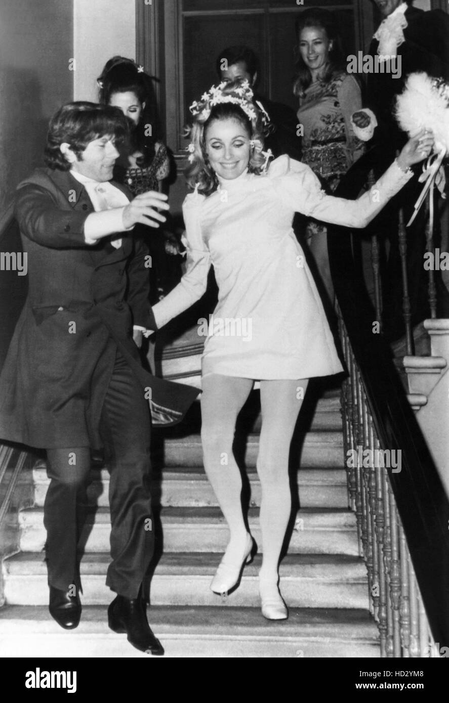 The London wedding of Roman Polanski, left, and Sharon Tate, January 20, 1968 (bridesmaid Barbara Parkins, behind Polanski) Stock Photo