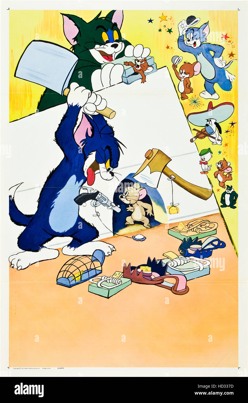 Tom and Jerry on stock poster art, ca. 1950s, also featuring on left: Droopy Dog, Spike the Dog. Stock Photo