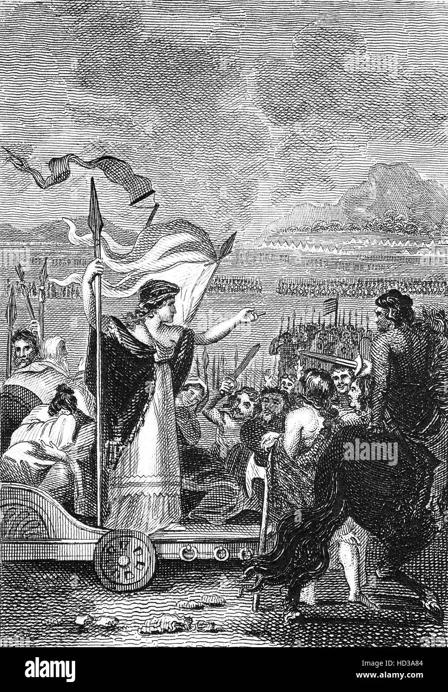Boudica, aka Boudicea, queen of the British Celtic Iceni tribe, with her troops prior to an uprising against the occupying forces of the Roman Empire. They destroyed Camulodunum (modern Colchester), a settlement for discharged Roman soldiers and site of a temple to the former Emperor Claudius in AD 60 or 61. Stock Photo