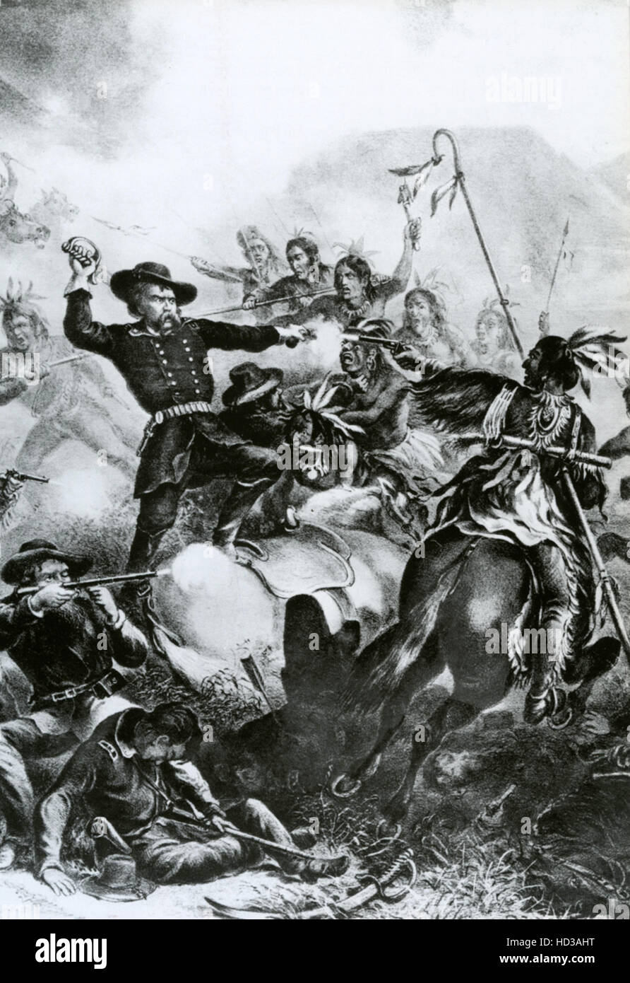 GEORGE ARMSTRONG CUSTER (1839-1876)  A 19th century depiction of the Battle of Little Bighorn, June 25-26 !878 Stock Photo