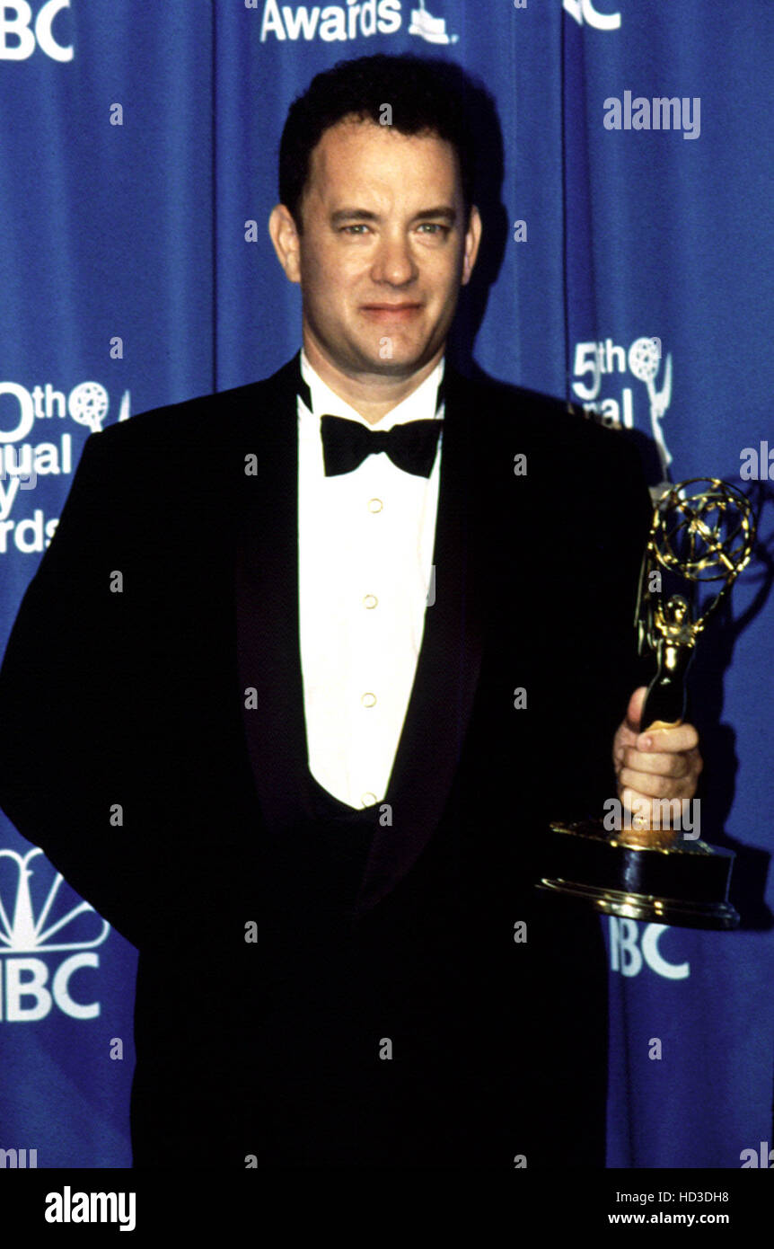TOM HANKS proudly holds his 1998 Emmy Award for FROM THE EARTH TO THE MOON Stock Photo Alamy