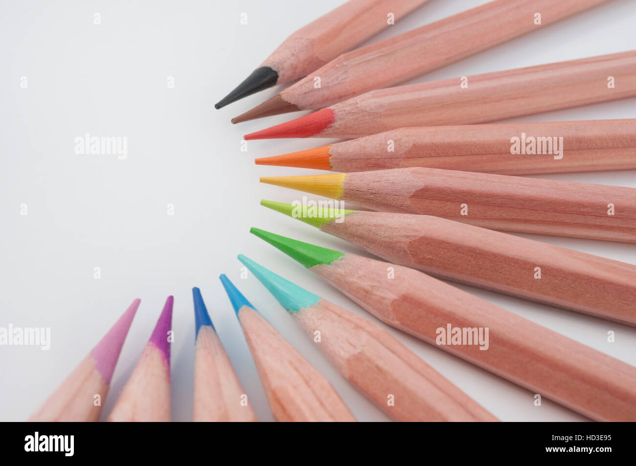 Close-up detail of sharp colourful pencil crayons laid side by