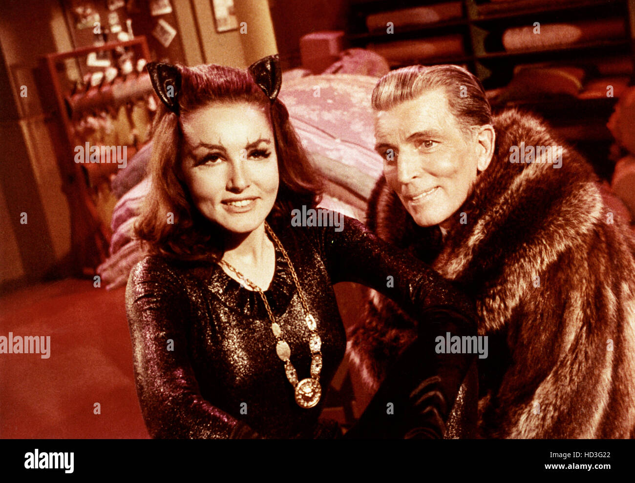 BATMAN, from left: Julie Newmar as Catwoman, Michael Rennie as Sandman