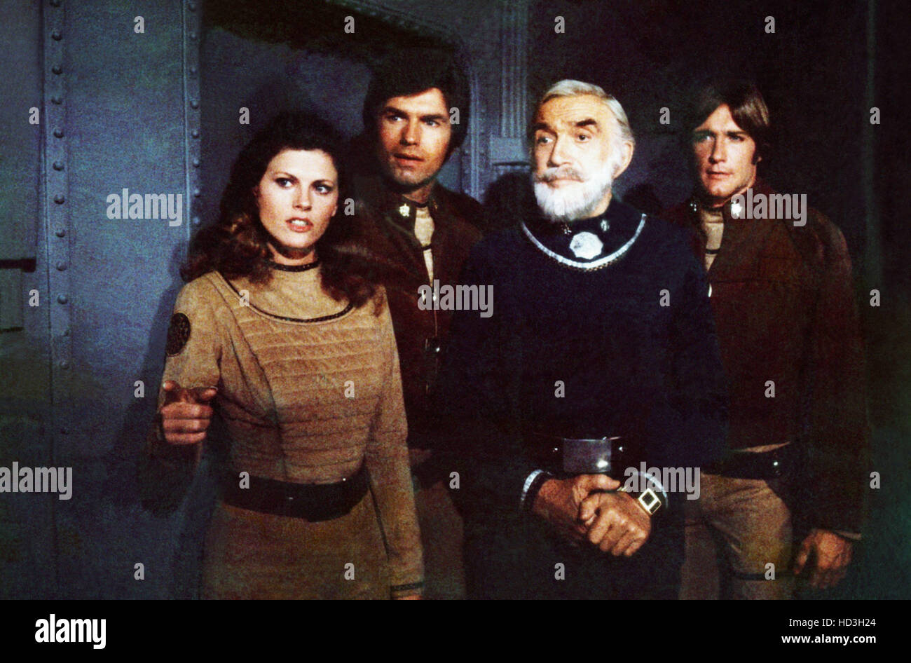 GALACTICA 1980, from left, Robyn Douglass,   Kent McCord, Lorne Greene, Barry Van Dyke, 1980, ©ABC/Courtesy: Everett Collection. Stock Photo