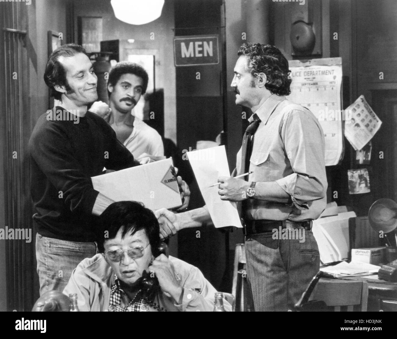 BARNEY MILLER, (from left) Gregory Sierra, Ron Glass (back), Jack Soo