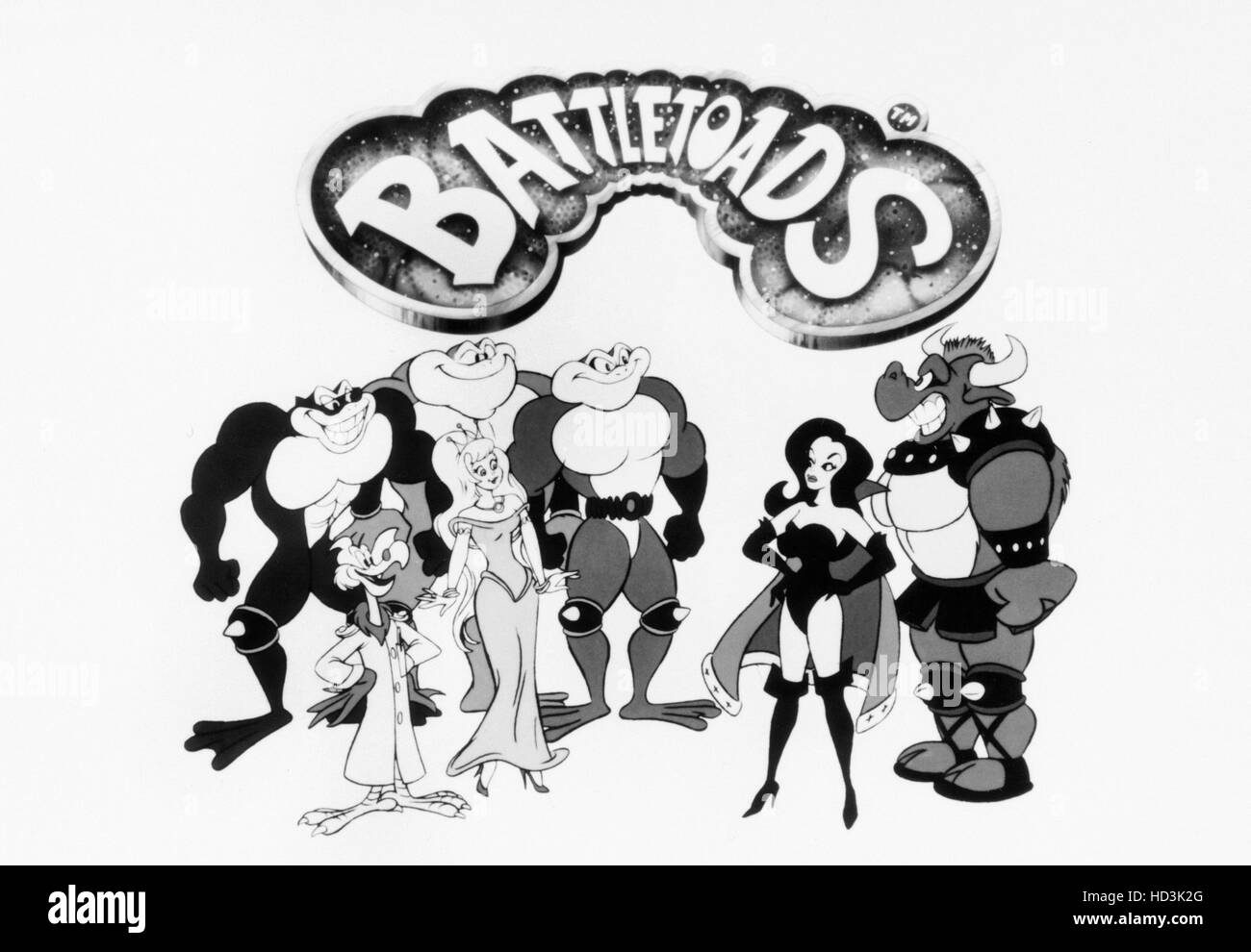 BATTLETOADS, from left: Rash, Prof. T. Bird, Pimple, Princess Angelica, Zitz, The Dark Queen, General Slaughter, 1992, © Stock Photo
