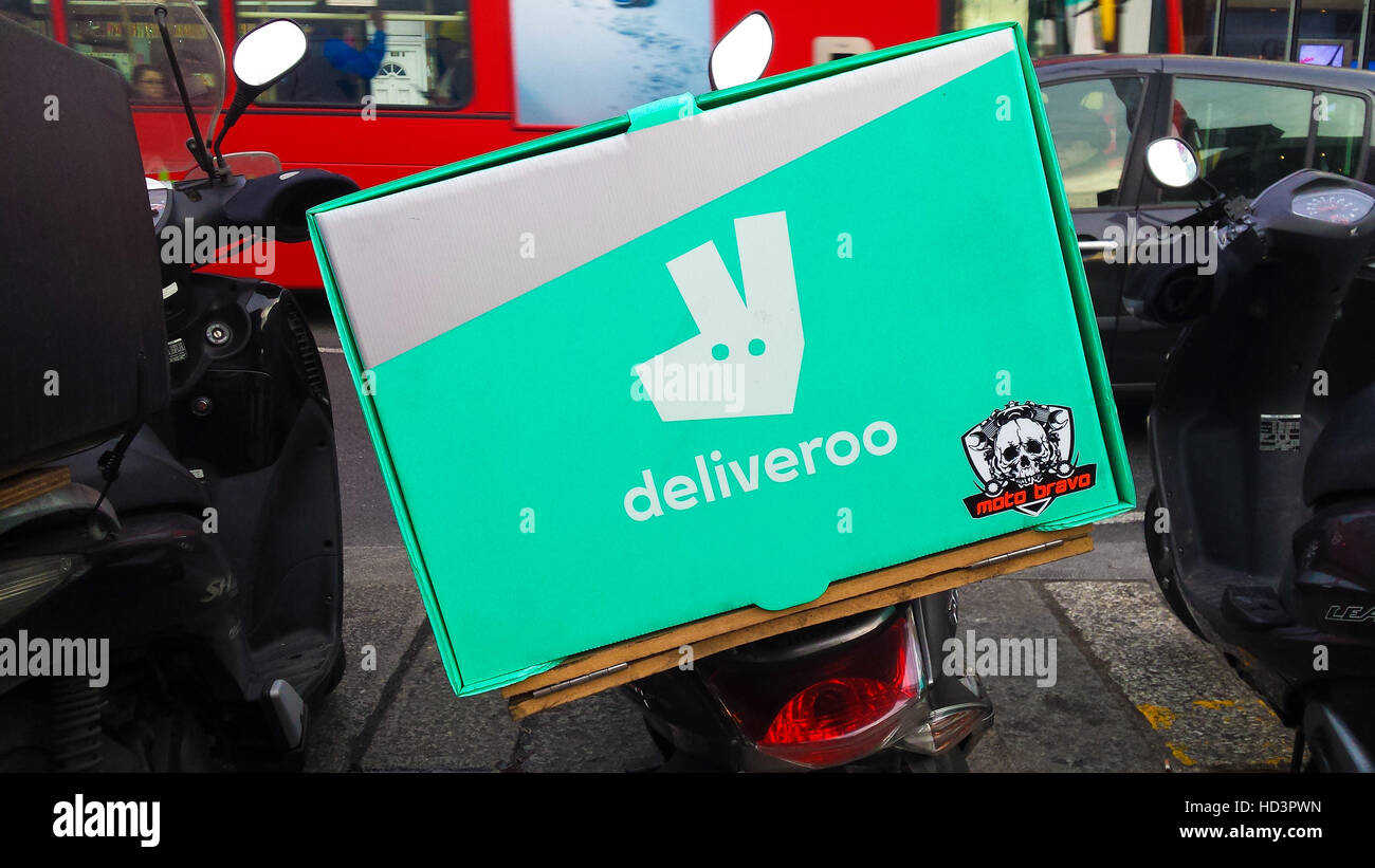Deliveroo - Online food ordering company delivery bike box in London, England, United Kingdom Stock Photo