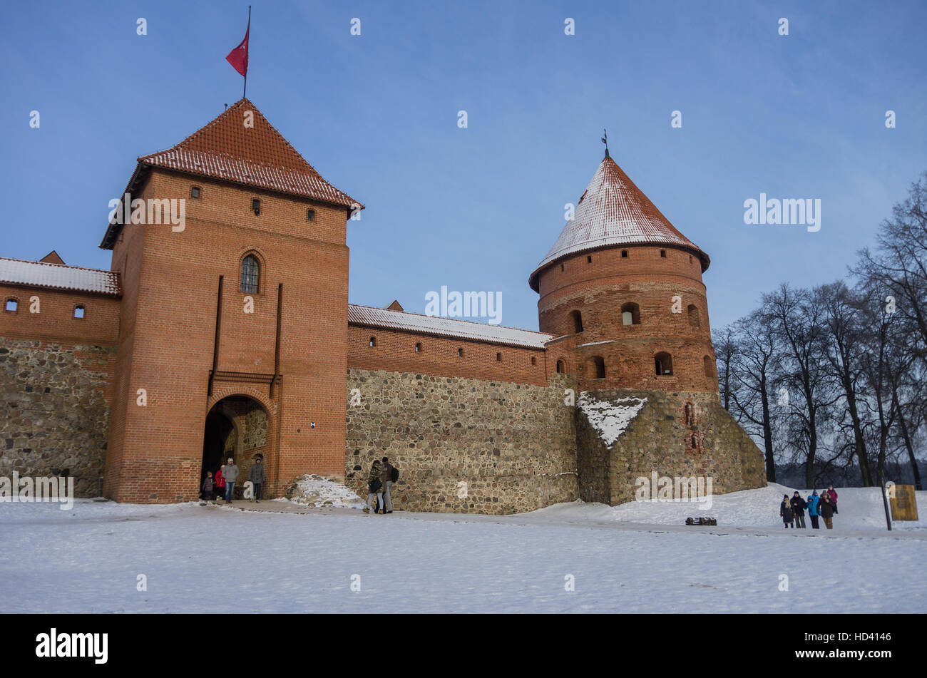 Trakai,  Lithuania- January 3, 2016: Medieval castle in Trakai, winter landscape, Vilnius County, Lithuania Stock Photo