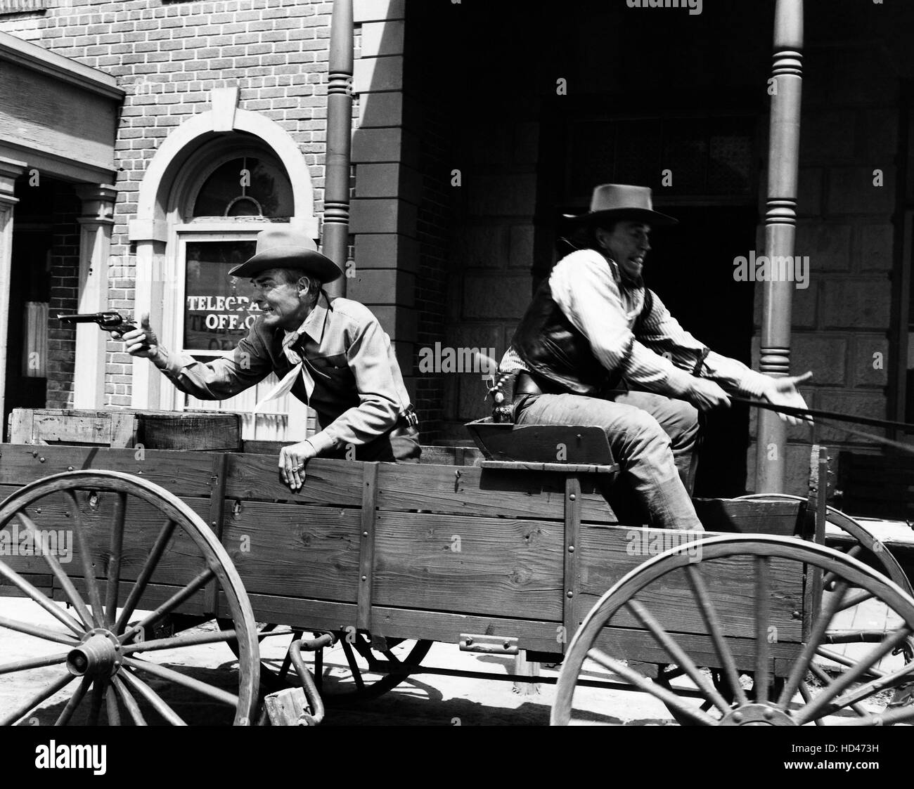 DECISION AT SUNDOWN, from left Randolph Scott, Noah Beery Jr., 1957
