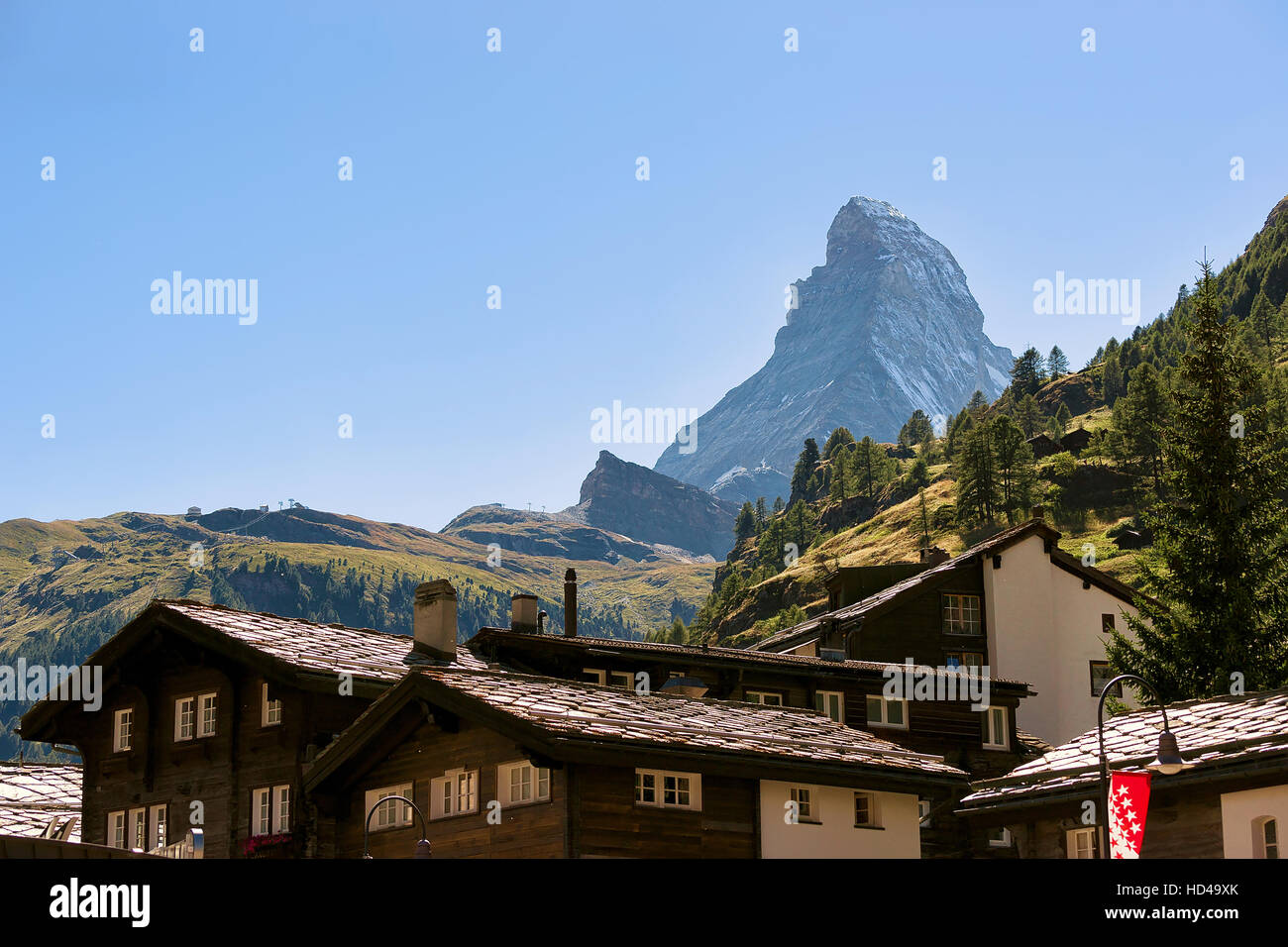 Chalets of resort city Zermatt with Matterhorn mountain, Switzerland in ...