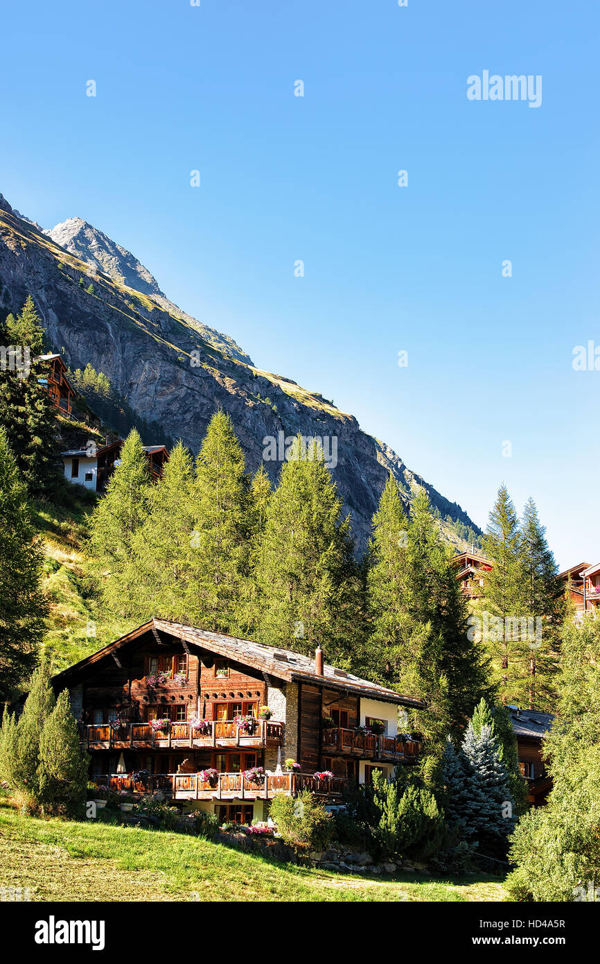 Traditional Swiss chalets at resort city Zermatt in Switzerland in