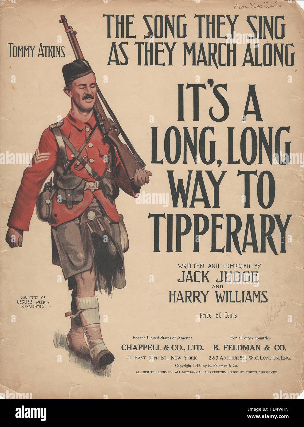 'It's a Long, Long Way to Tipperary' 1912 Sheet Music Cover. Stock Photo