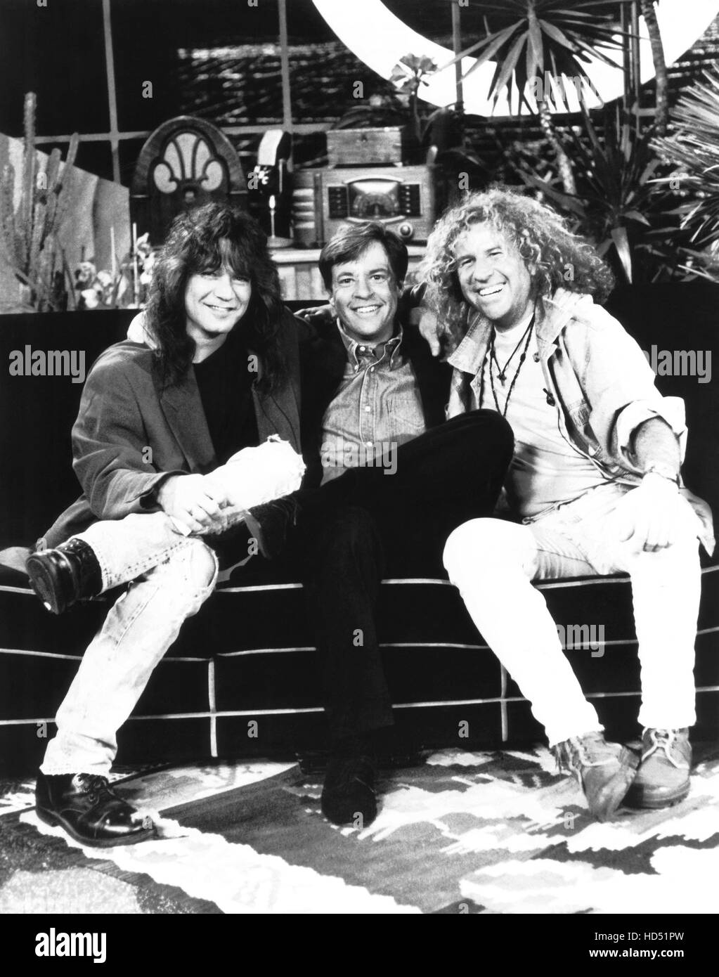 LATER WITH BOB COSTAS, from left: Eddie Van Halen, Bob Costas, Sammy Hagar, 1992 episode, 1988-1993, © NBC/courtesy Everett Stock Photo