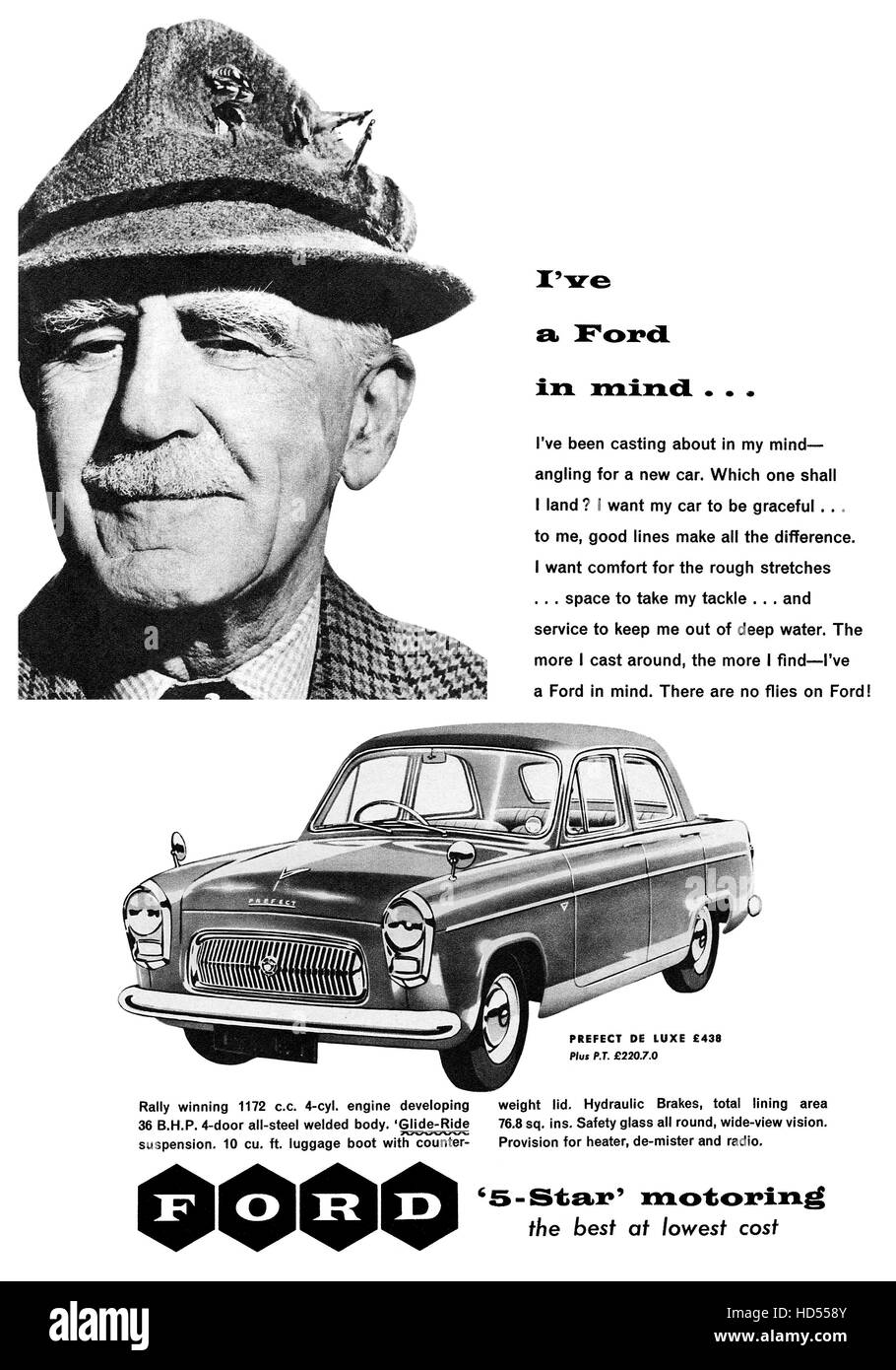 1957 British advertisement for the Ford Prefect De Luxe Stock Photo