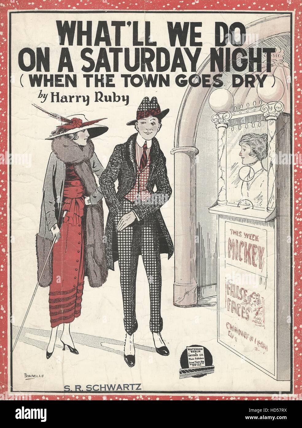 'What'll We Do Saturday Night When the Town Goes Dry' 1919 Prohibition Movie Sheet Music Cover. Stock Photo