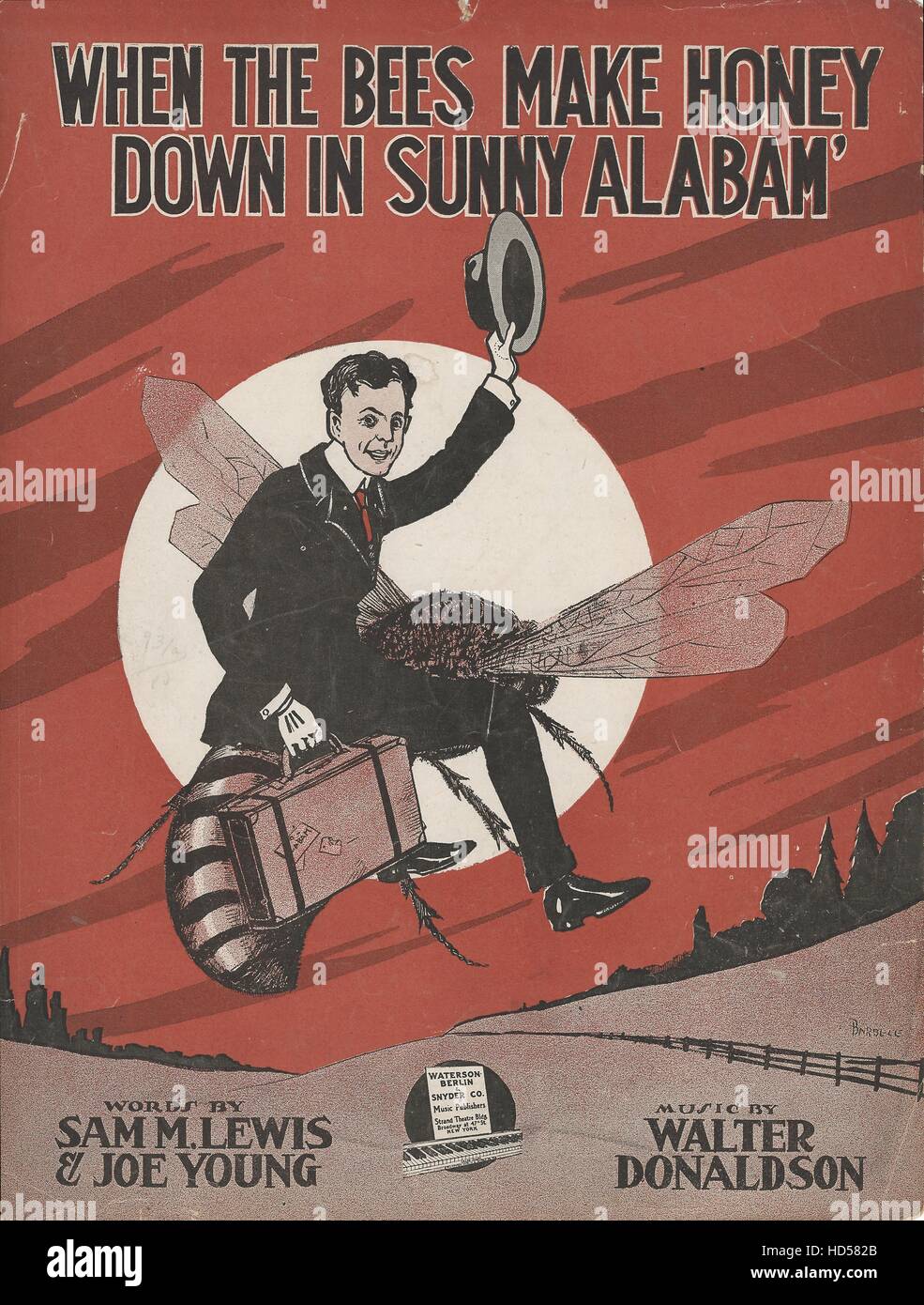 'When the Bees Make Honey Down in Sunny Alabam'' 1919 Sheet Music Cover. Stock Photo