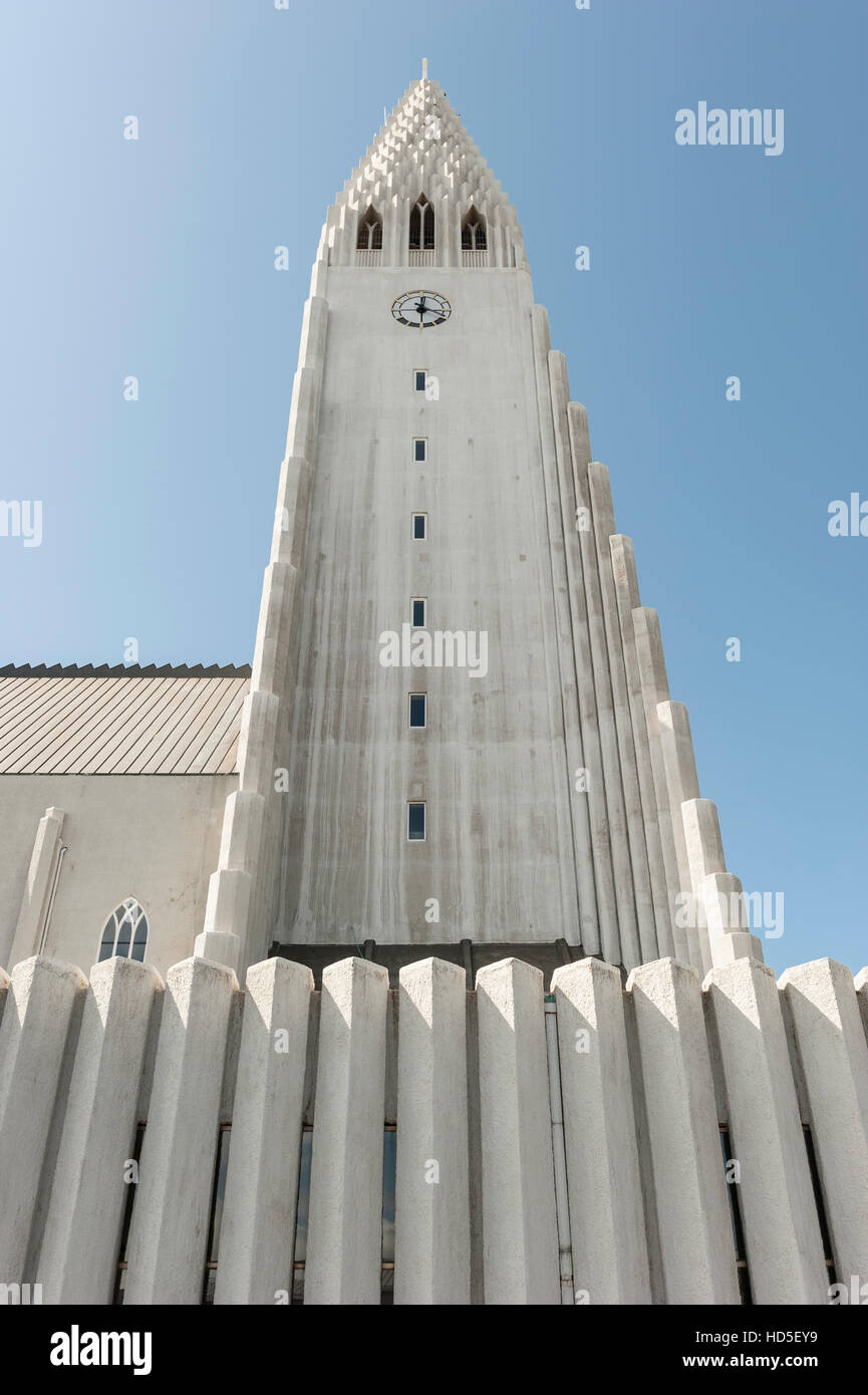 Left side of Hallgrimskirkja Lutheran church tower in Reykjavik, Iceland. Stock Photo