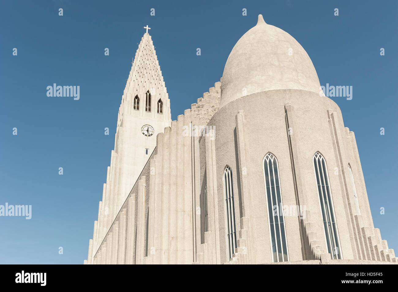 Back of Hallgrimskirkja Lutheran church tower in Reykjavik, Iceland. Stock Photo