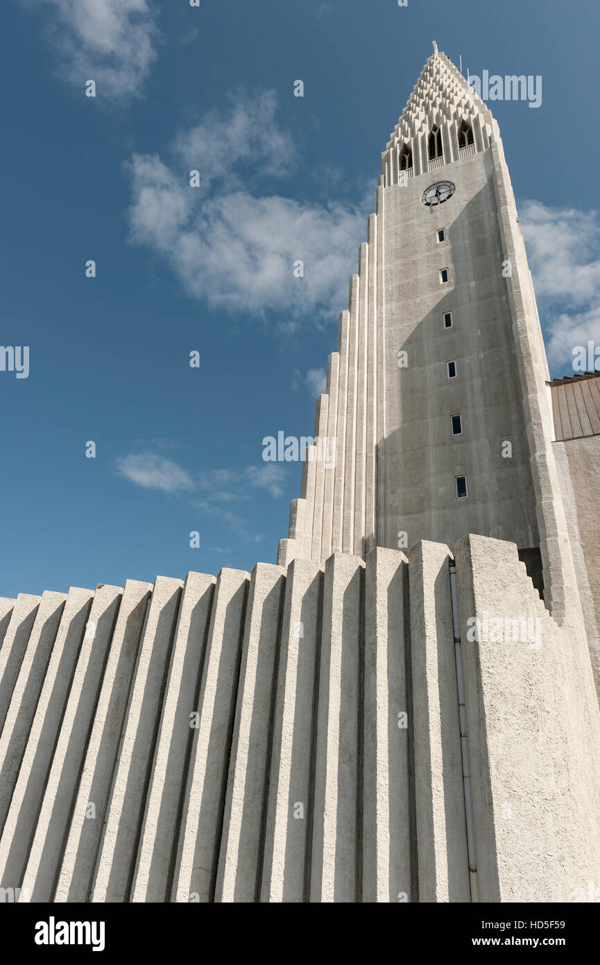Right side of Hallgrimskirkja Lutheran church tower in Reykjavik, Iceland. Stock Photo