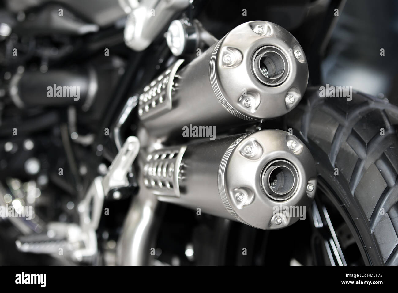 Closeup of exhaust or intake of racing motorcycle. Low angle photograph of motorcycle. Stock Photo