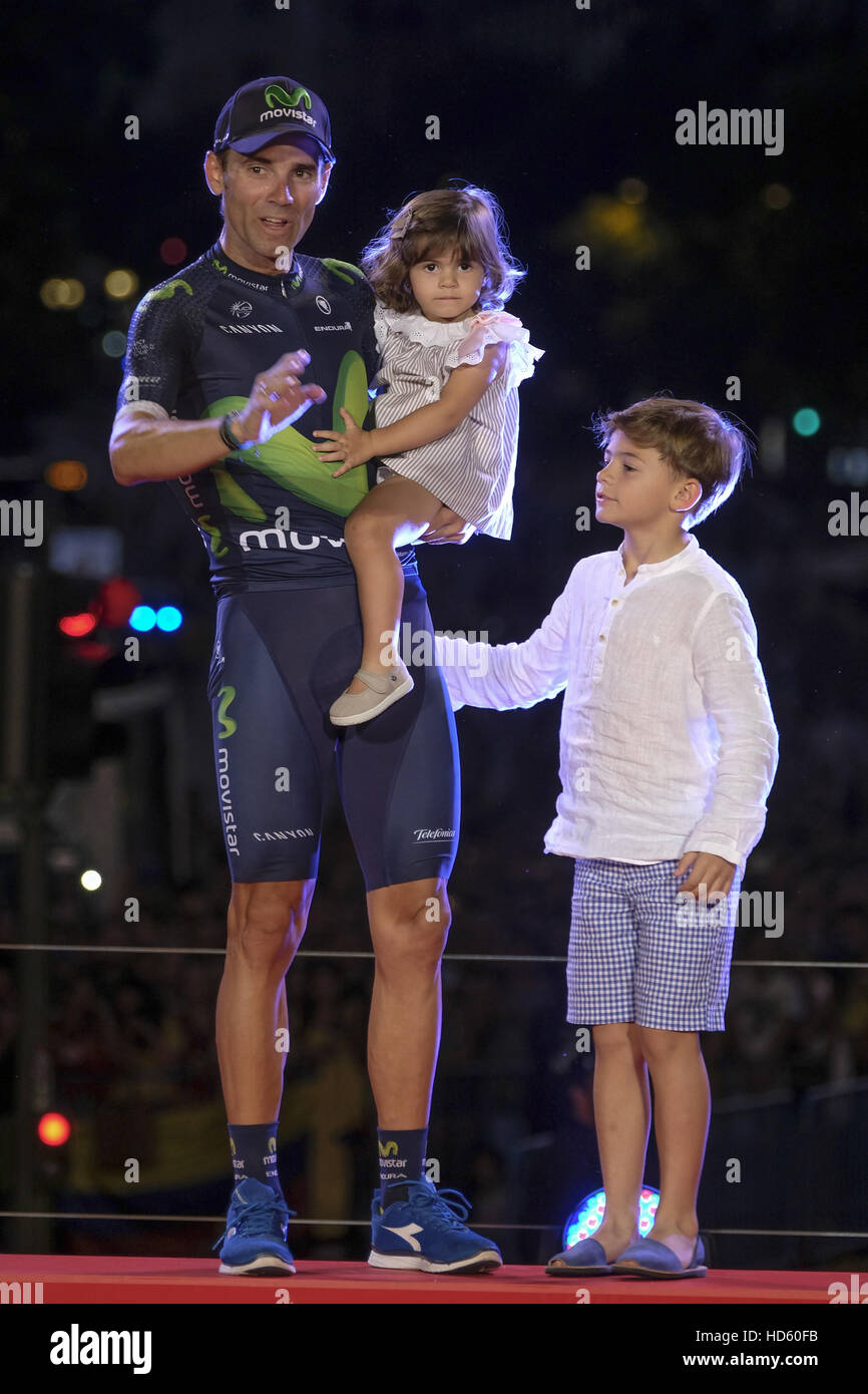 Alejandro Valverde, of cycling team Moviestar Team, celebrates on the podium of the last stage of the 71st Vuelta  a España (Tour of Spain) in Madrid, Spain.  Featuring: Alejandro Valverde Where: Madrid, Spain When: 11 Sep 2016 Stock Photo