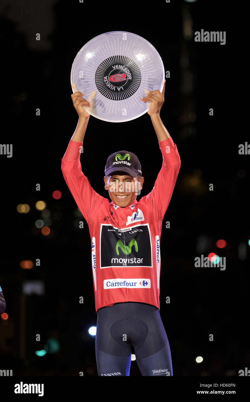 Nairo Quintana, of cycling team Moviestar Team, celebrates on the podium of the last stage of the 71st Vuelta  a España (Tour of Spain) in Madrid, Spain.  Featuring: Nairo Quintana Where: Madrid, Spain When: 11 Sep 2016 Stock Photo