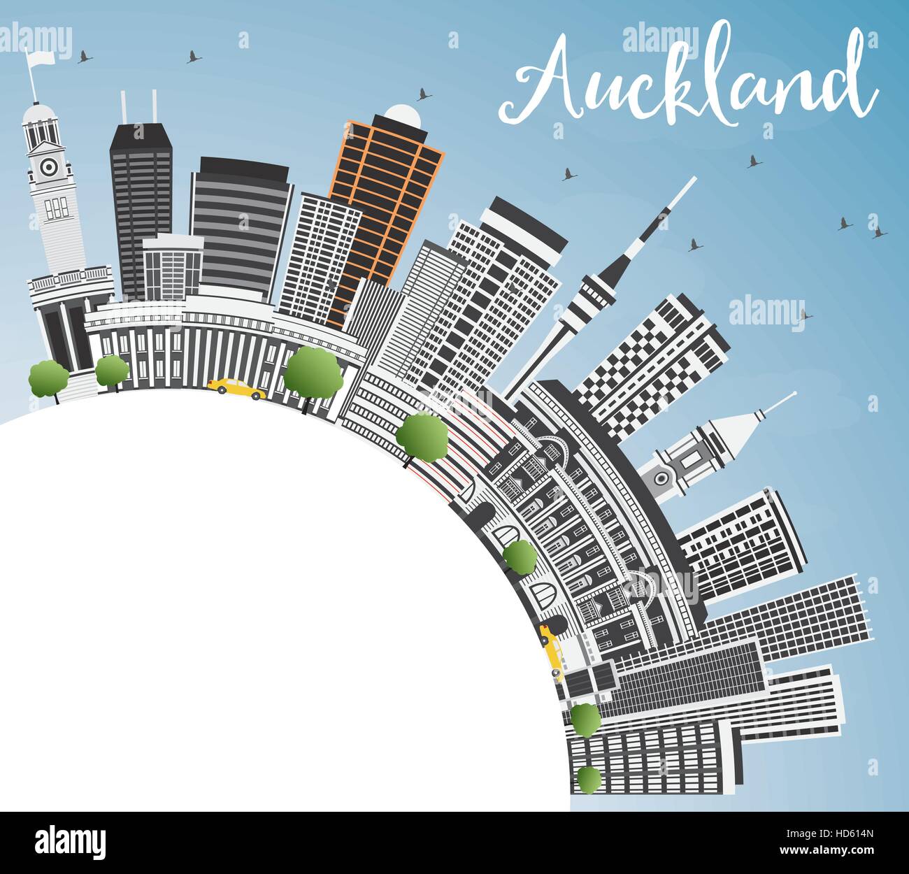 Auckland Skyline with Gray Buildings, Blue Sky and Copy Space. Vector Illustration. Business Travel and Tourism Concept with Modern Architecture. Stock Vector