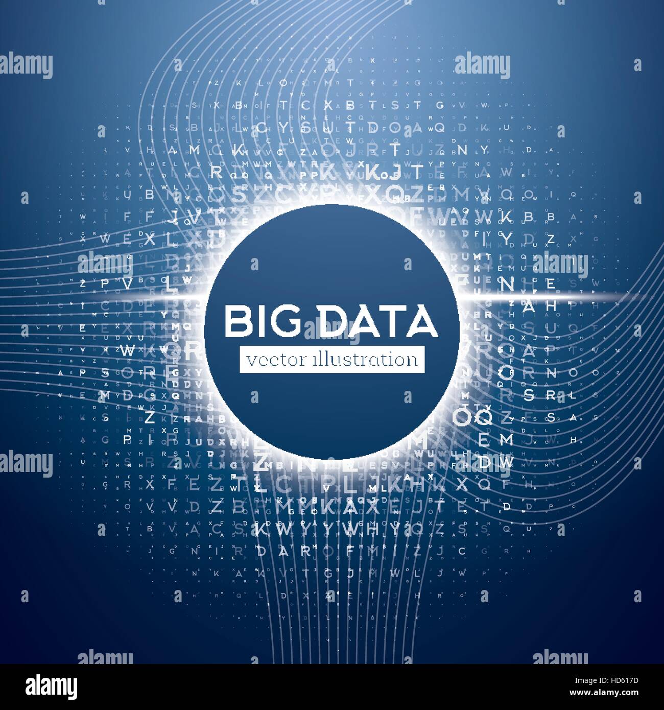 Big Data Blue Technology Background with Different Letters. Hacker concept. Data Visualization with Copy Space. Vector Illustration. Stock Vector
