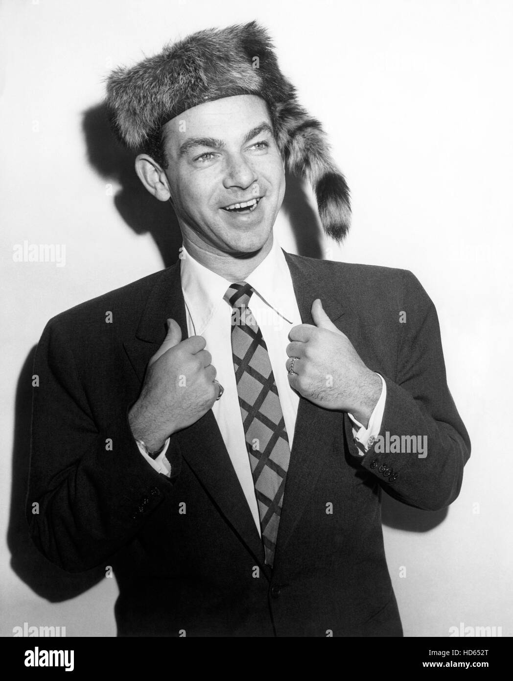 THIS IS SHOW BUSINESS, Jack Carter wearing coonskin cap sent to him by