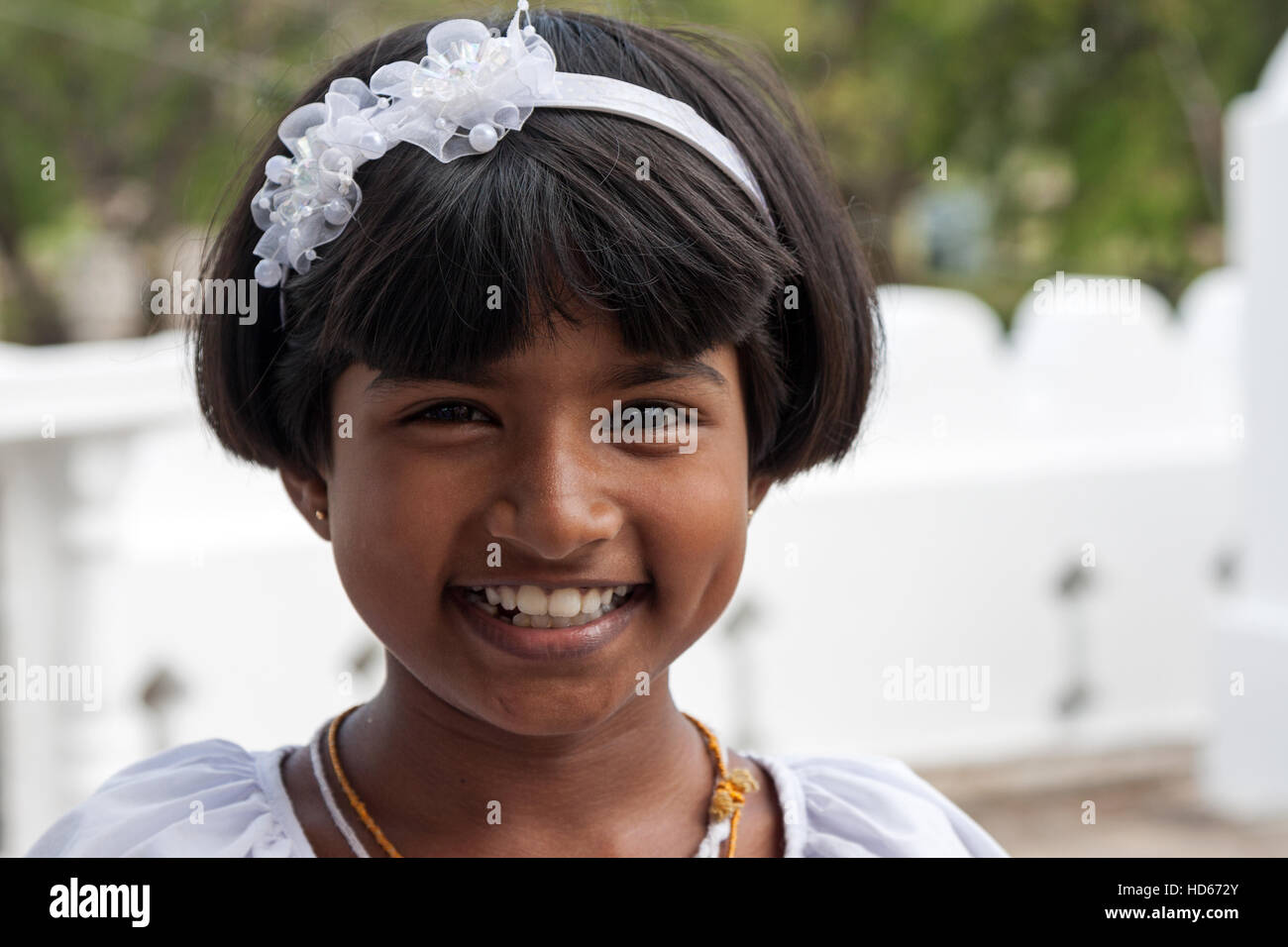 Native Sinhalese girl, portrait, hair jewellery, Anuradhapura, North Central Province, Sri Lanka Stock Photo