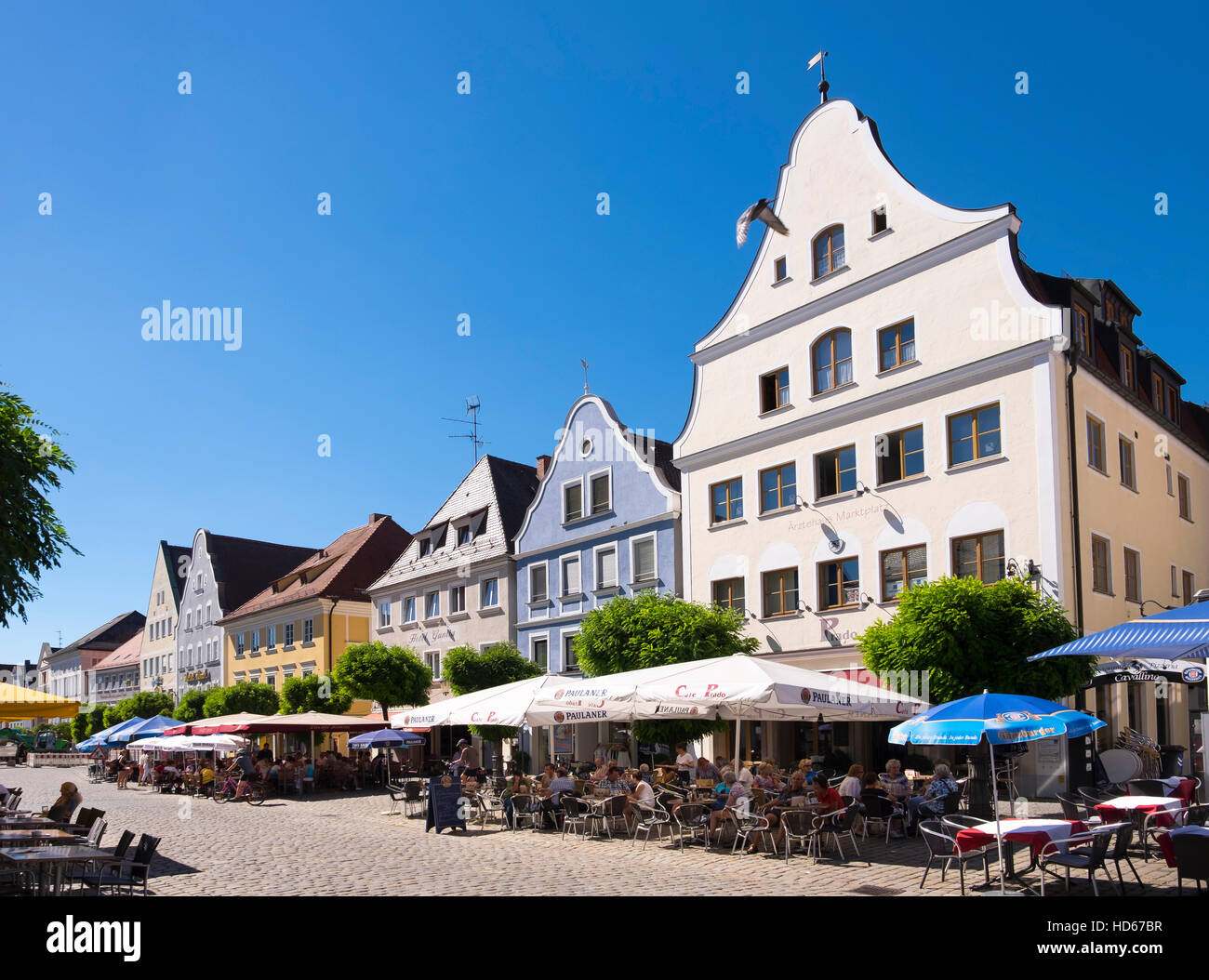 Marketplace with restaurants, Gunzburg, Swabia, Bavaria, Germany Stock Photo