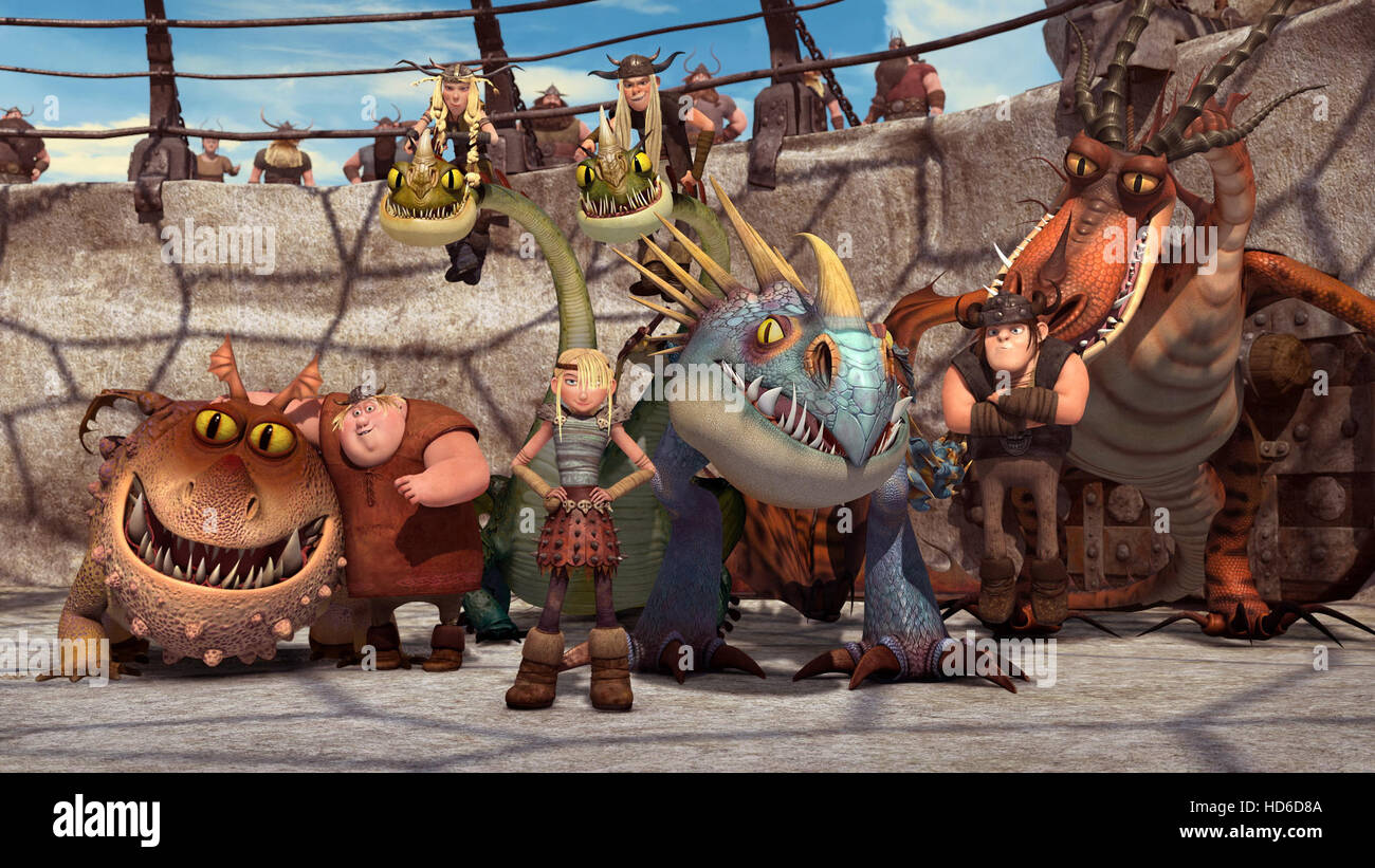 DRAGONS RIDERS OF BERK,(from left) Meatlug, Fishlegs Ingerman, Ruffnut and Tuffnut Thorston