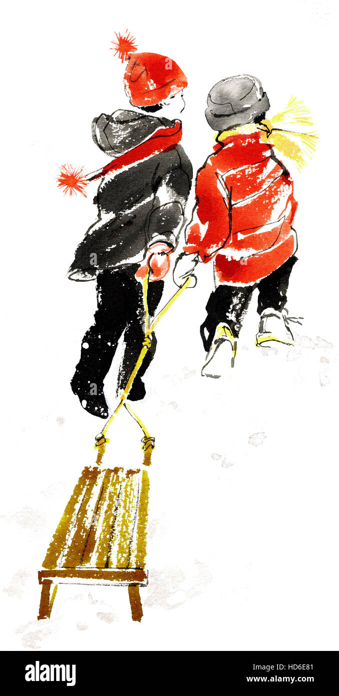 Boys pulling sled Stock Photo