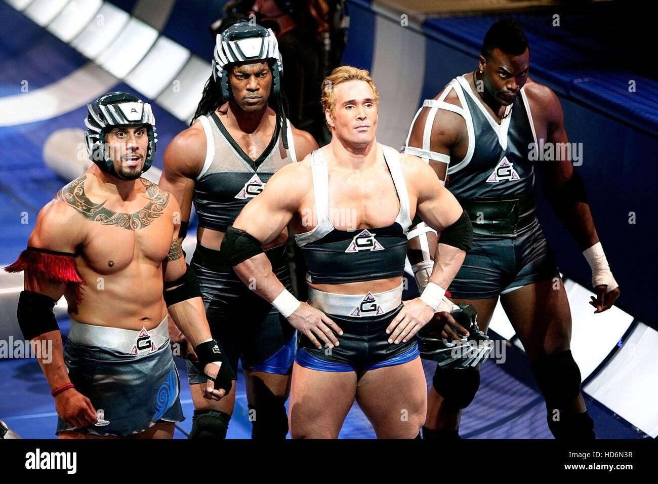 American Gladiators Toa Aka Tanoai Reed Mayhem Aka Romeo Williams Titan Aka Mike O Hearn Justice Aka Justice Smith Stock Photo Alamy