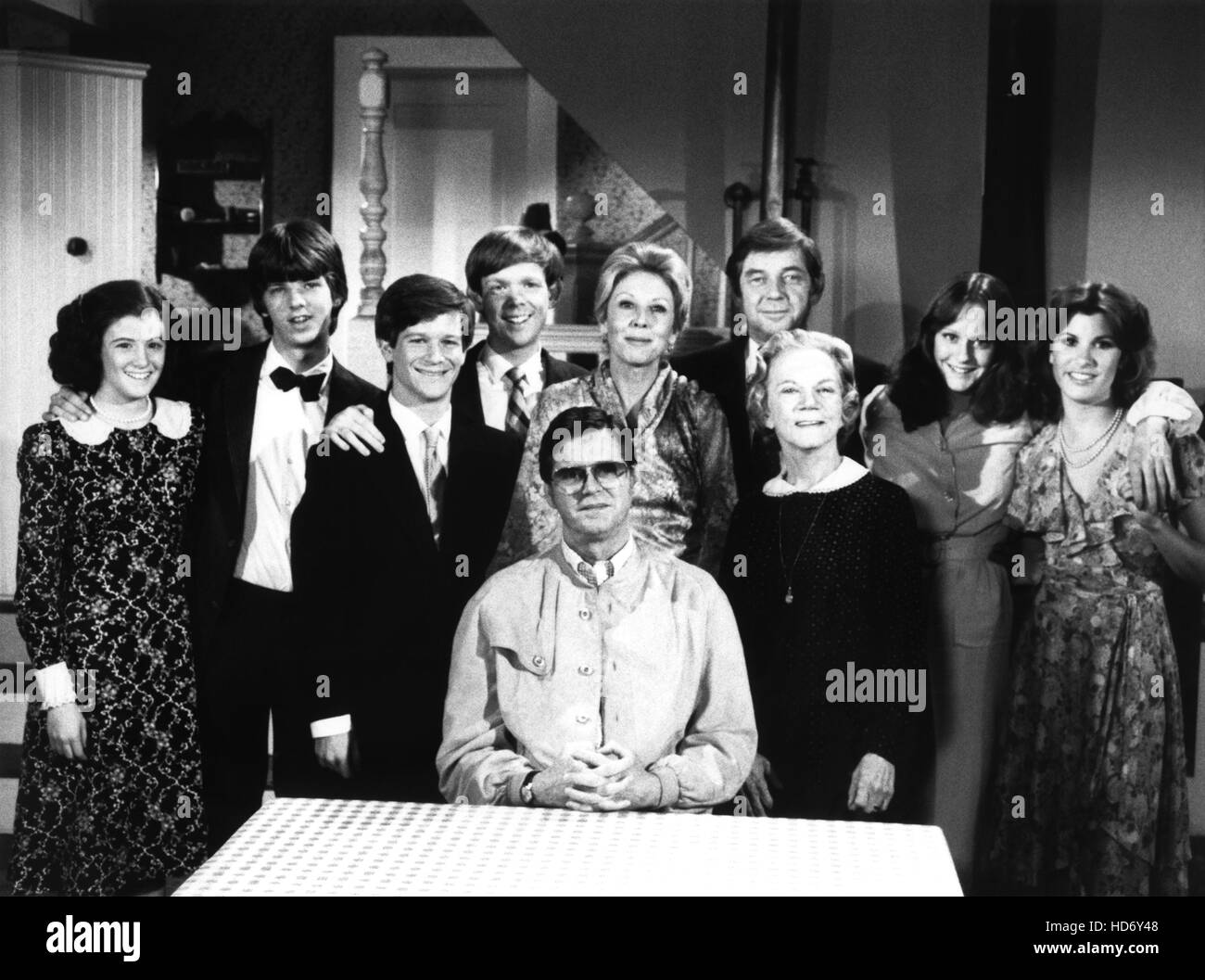 THE WALTONS, Earl Hamner Jr.(seated), standing from left Kami Cotler, David W. Harper, Eric