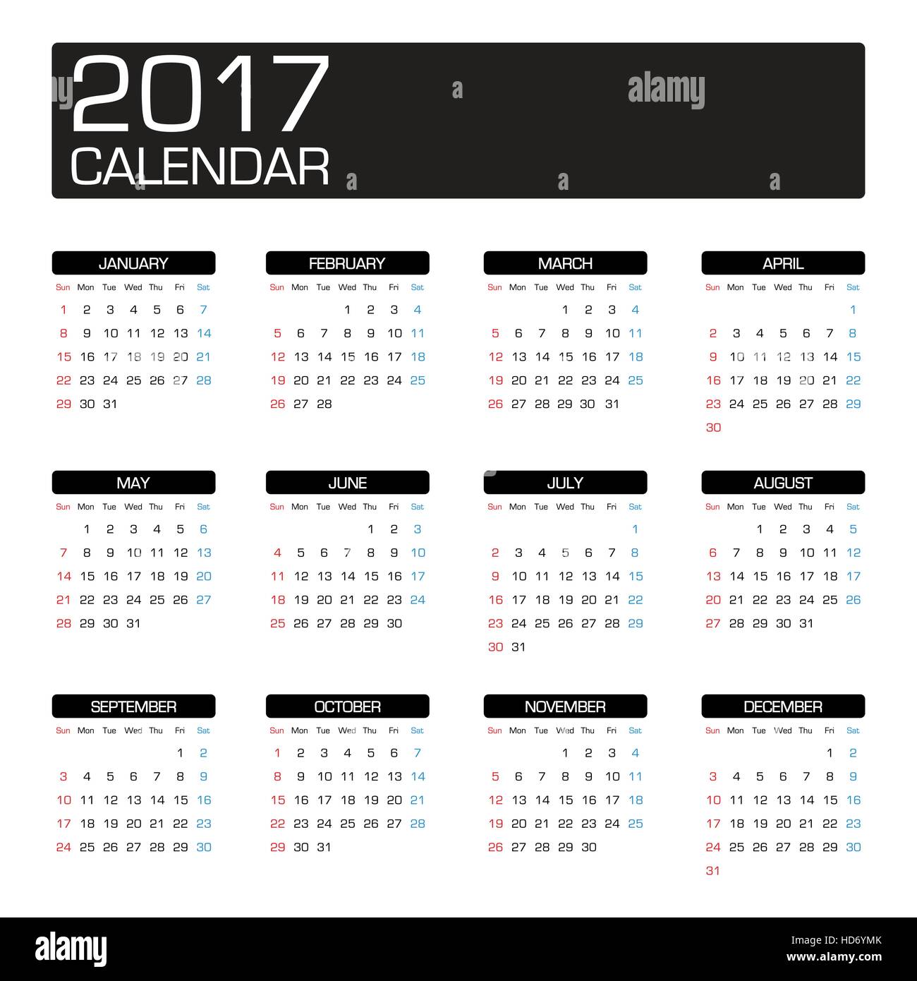 2017 year calendar template Stock Vector
