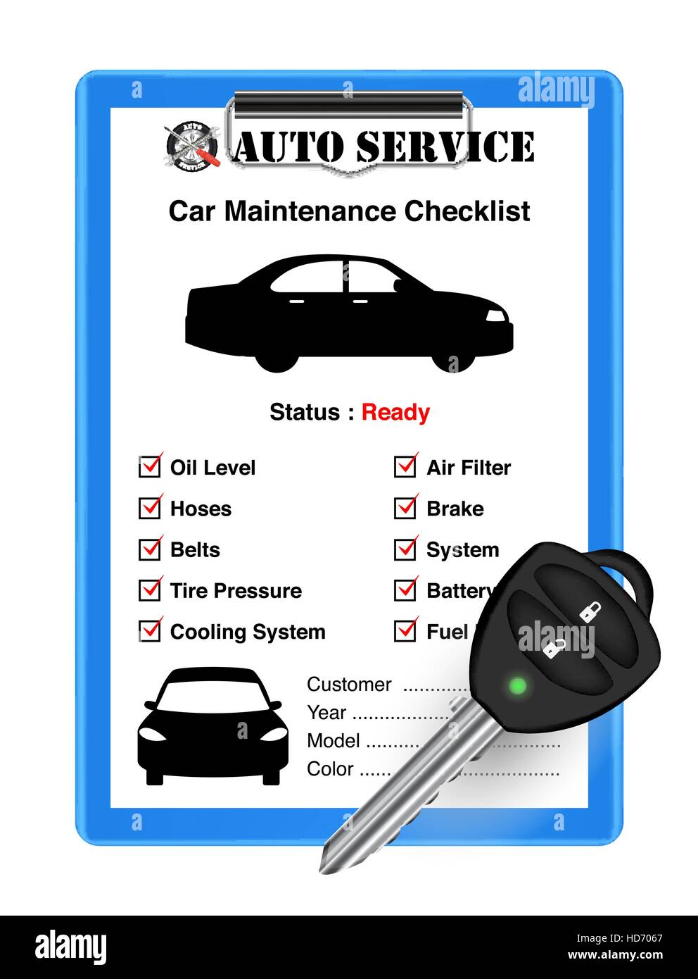auto service car check sheet with car remote key Stock Vector