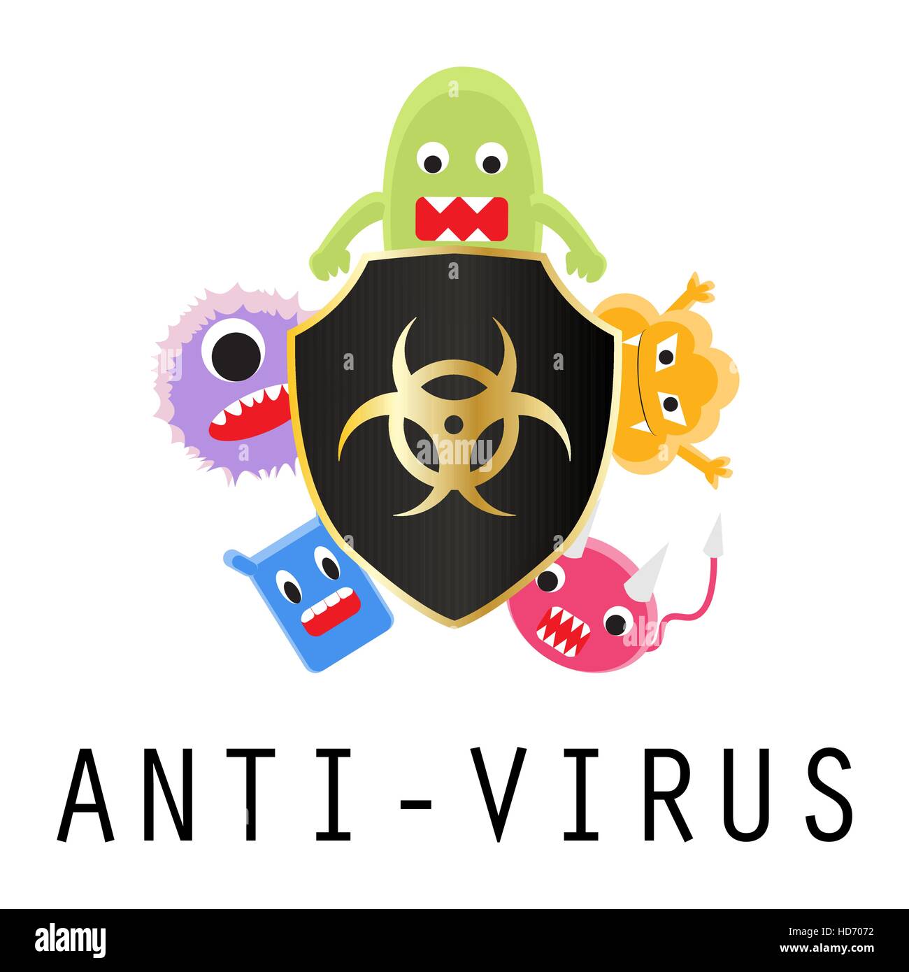 anti-virus shield with virus cartoon Stock Vector