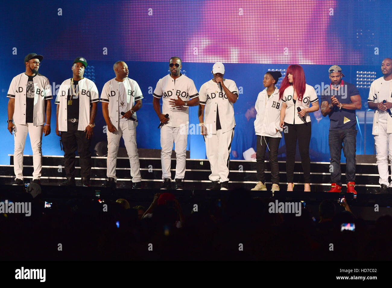 The Lox, 112, Mase, Sean Combs, Faith Evans and Stevie J perform onstage during the Bad Boy Family Reunion Tour at the American Airlines Arena in Miami, Florida.  Featuring: The Lox, 112, Mase, Sean 'Diddy' Combs, Faith Evans, Stevie J Where: Miami, Flori Stock Photo