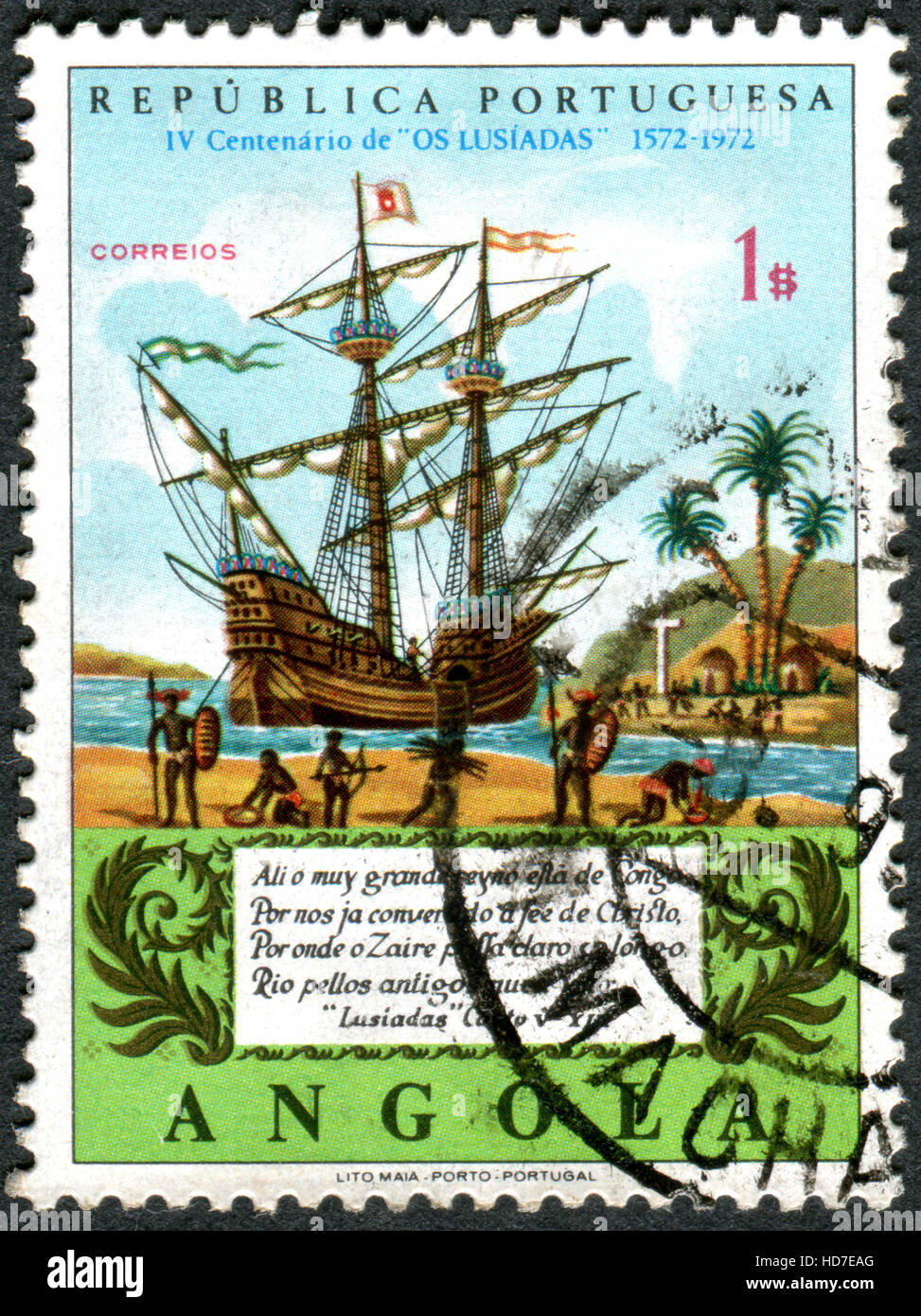 A stamp printed in Angola, devoted to 4th centenary of the publication of The Lusiads, shows the Galleon on Congo River Stock Photo