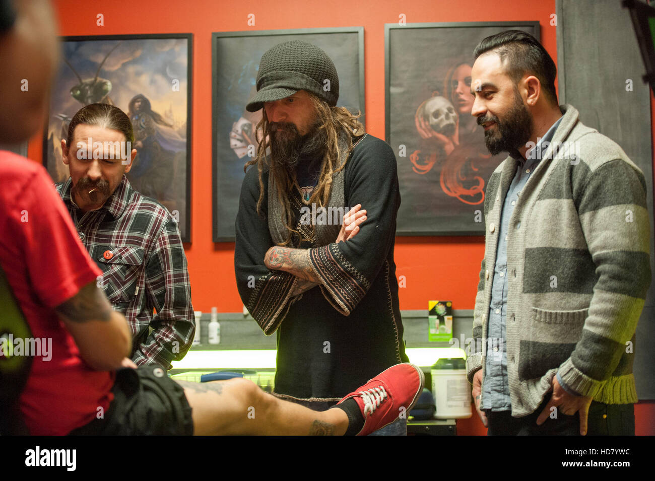 INK MASTER, (from left) judge Oliver Peck, guest judge Rob Zombie, judge Chris Nunez, 'Ink