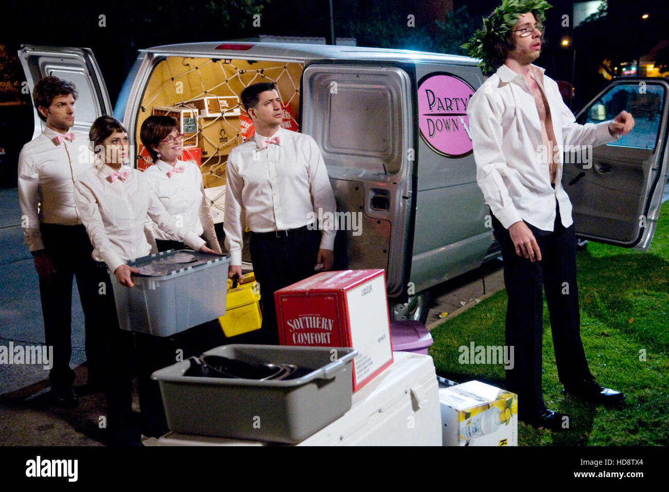 PARTY DOWN, (from left) Adam Scott, Lizzy Caplan, Megan Mullally, Ken