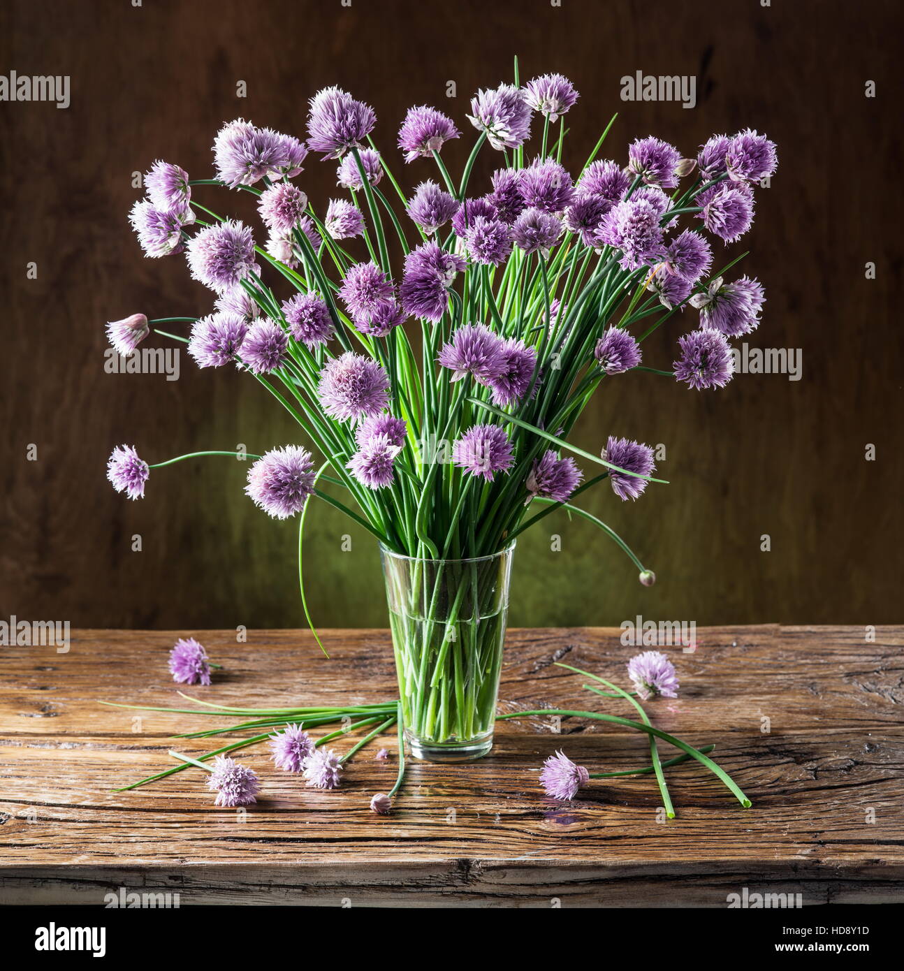 Bouquet of onion (chives) flowers in the vase on the wooden table Stock