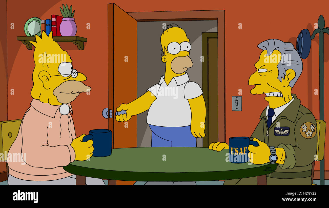 THE SIMPSONS, Abe Simpson (aka Grandpa Simpson - left), Homer Simpson (center), 'Let's Go Fly A Coot', (Season 26, ep. 2620, Stock Photo