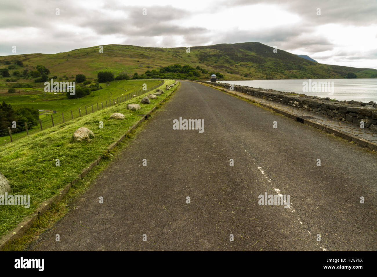 Rock filled dam of the Llyn Celyn reservoir. Supplies water to