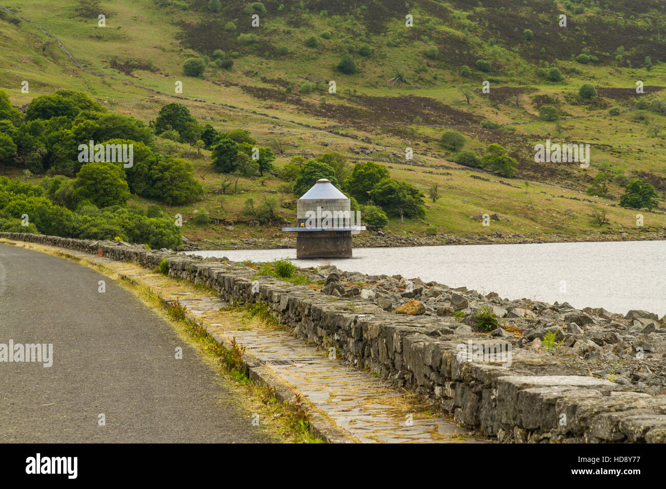 Llyn Celyn reservoir with intake tower. Supplies water to Liverpool