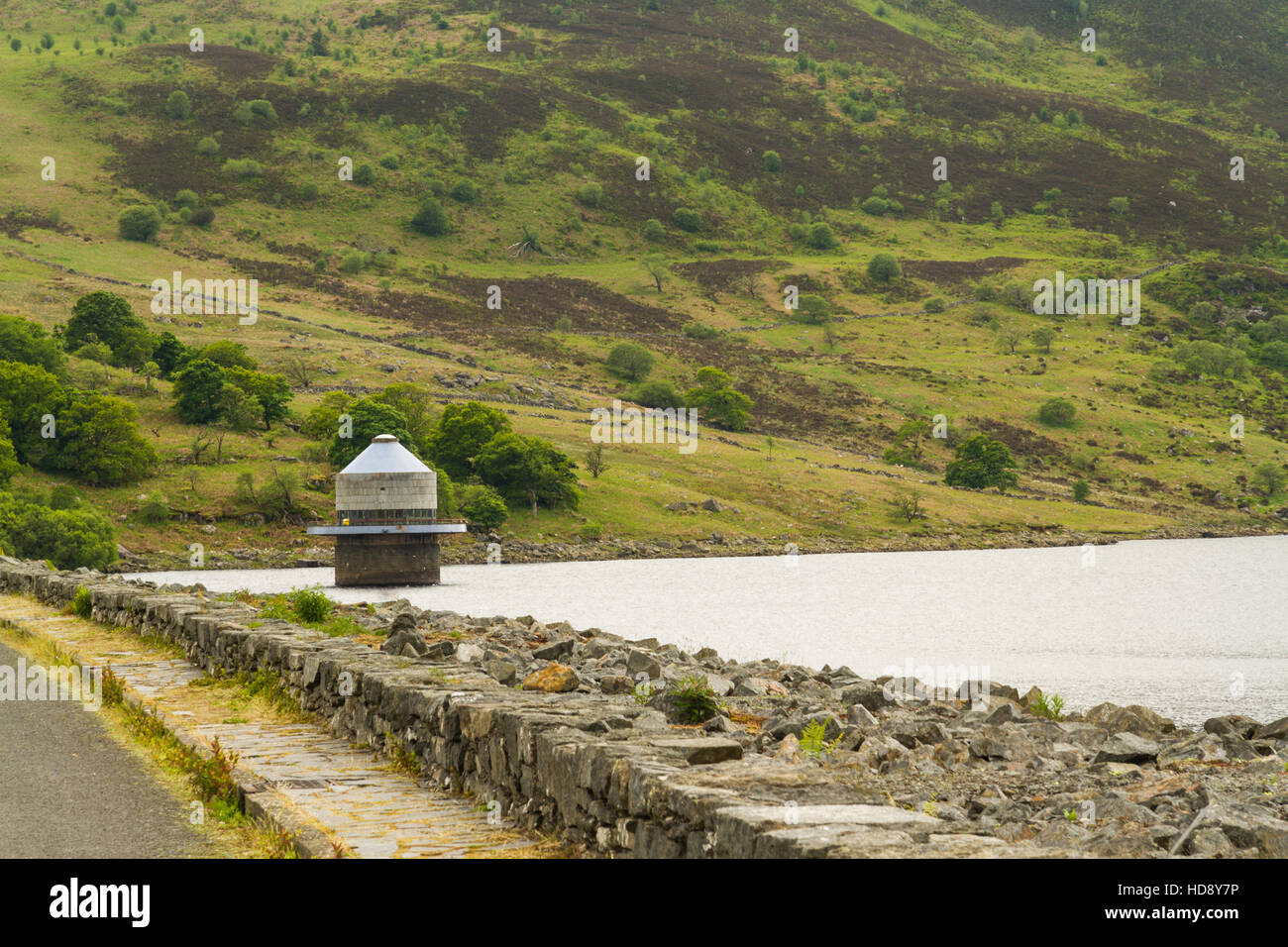 Llyn Celyn reservoir with intake tower. Supplies water to Liverpool