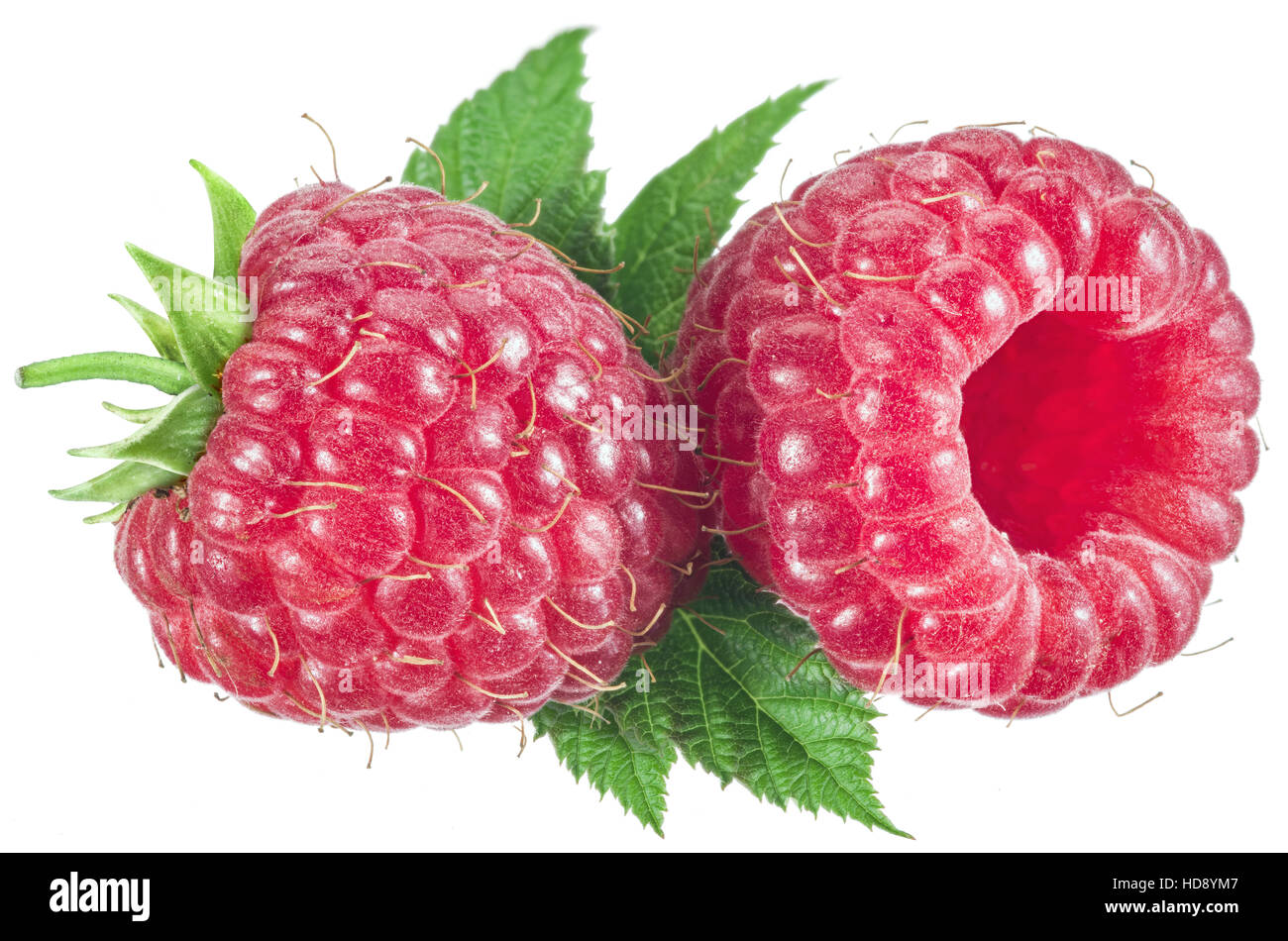 2 Raspberries Two raspberries with leaves on the white background Stock Photo - Alamy